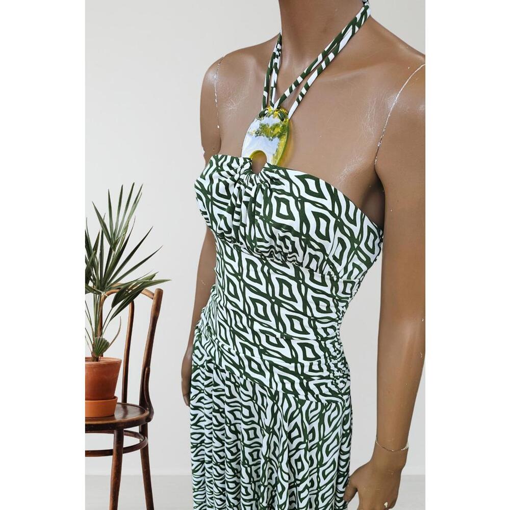 Vintage halter dress in deep green and white pendant around neck size M